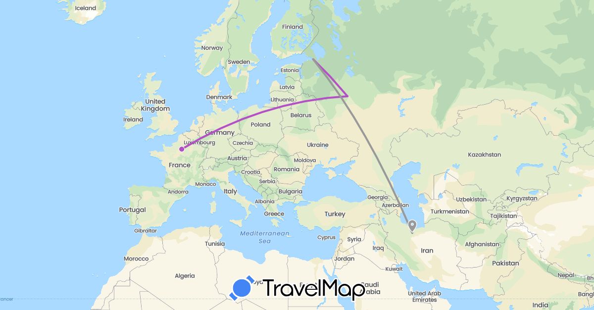TravelMap itinerary: driving, plane, train in France, Iran, Russia (Asia, Europe)