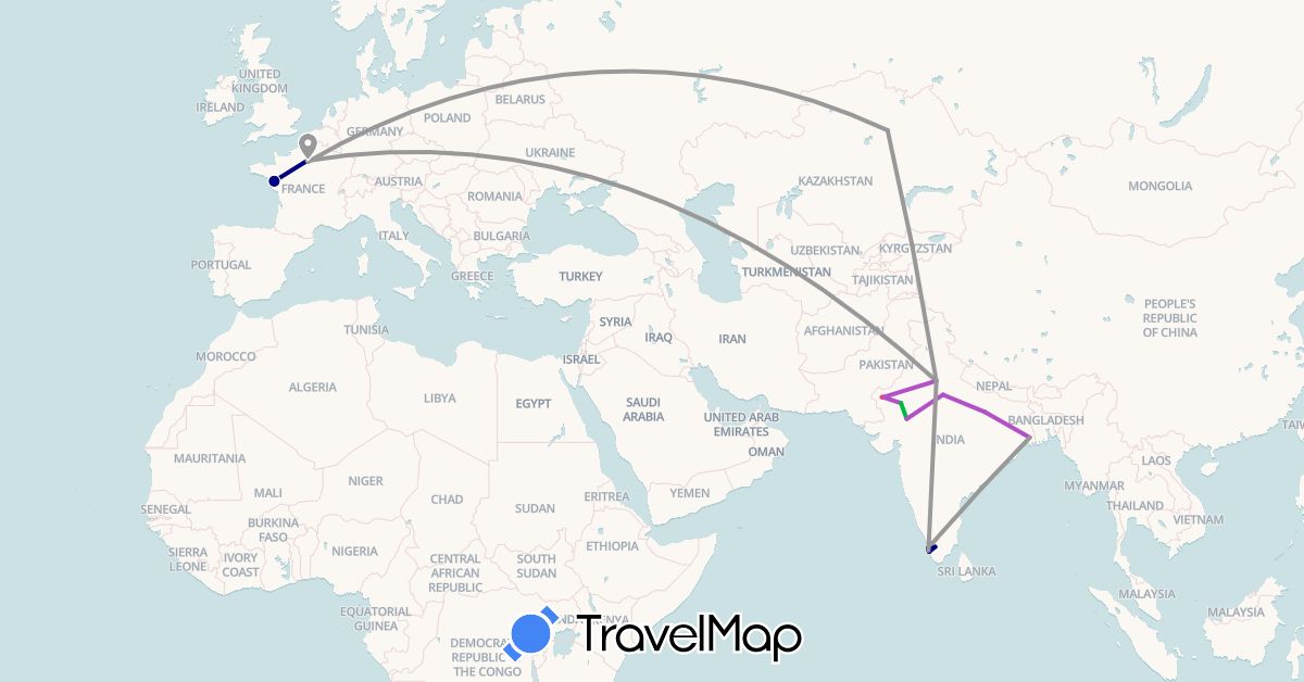 TravelMap itinerary: driving, bus, plane, train, hiking in France, India, Kazakhstan (Asia, Europe)